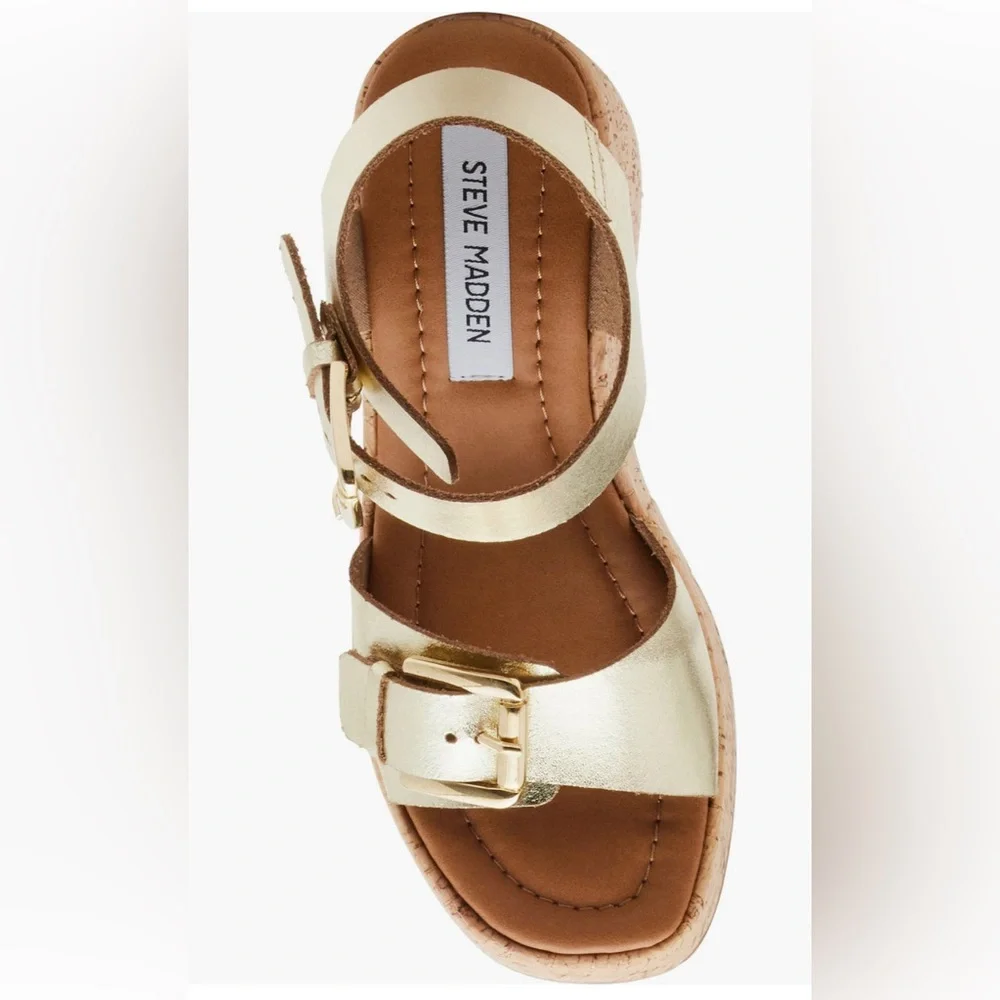 Steve Madden Cork-Textured Platform Wedge Sandals Gold Leather SZ 9 - Picture 4 of 15